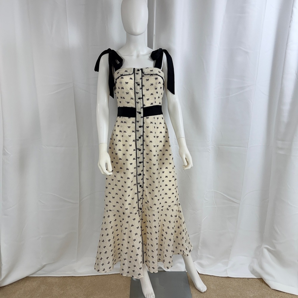 Mable Bow Print Midi Dress Women‎ Small White NWT Coquette, Balletcore, Romantic